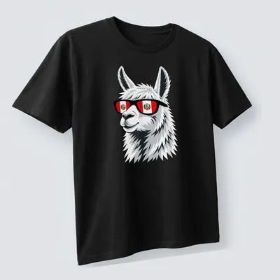 Cartoon llama in sunglasses with Peru flag colors in white and black — printed on a unisex t-shirt (angled view)