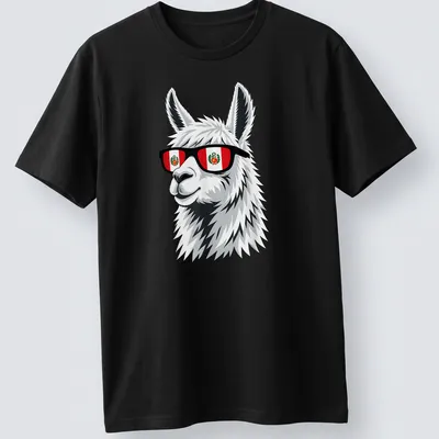 Cartoon llama in sunglasses with Peru flag colors in white and black — printed on a unisex t-shirt