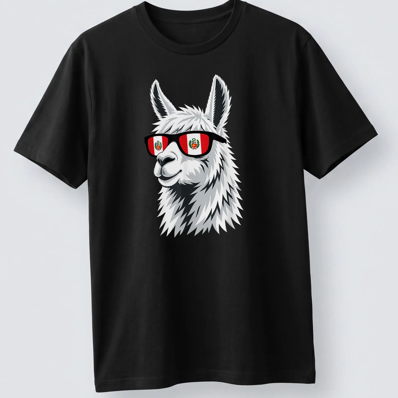 Cartoon llama in sunglasses with Peru flag colors in white and black — printed on a unisex t-shirt