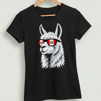 Cartoon llama in sunglasses with Peru flag colors in white and black — printed on a women's shirt