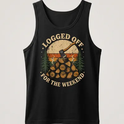 Vintage distressed t-shirt with axe and logs graphic in earthy colors — printed on a tank top