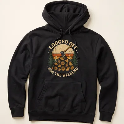 Vintage distressed t-shirt with axe and logs graphic in earthy colors — printed on a unisex hoodie