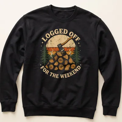 Vintage distressed t-shirt with axe and logs graphic in earthy colors — printed on a unisex sweatshirt