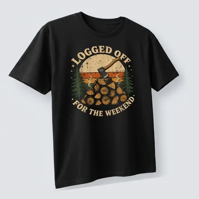 Vintage distressed t-shirt with axe and logs graphic in earthy colors — printed on a unisex t-shirt (angled view)
