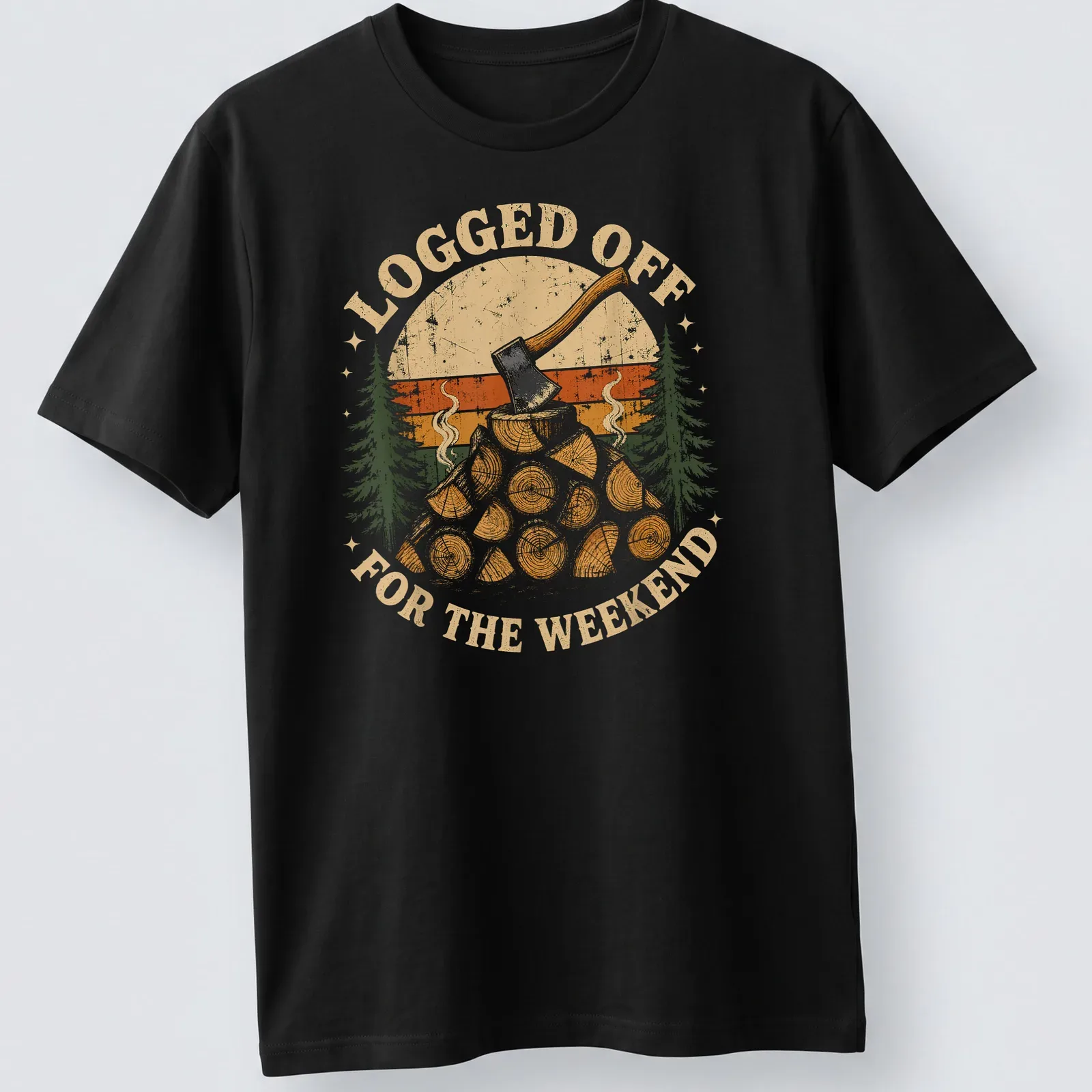 Vintage distressed t-shirt with axe and logs graphic in earthy colors — printed on a unisex t-shirt