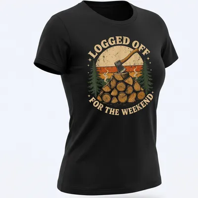 Vintage distressed t-shirt with axe and logs graphic in earthy colors — printed on a women's shirt