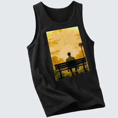 Illustration of a lonely man on a bench watching a sunset in yellow and green tones. — printed on a tank top