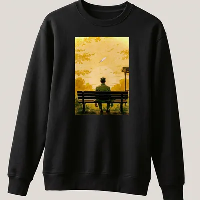 Illustration of a lonely man on a bench watching a sunset in yellow and green tones. — printed on a unisex sweatshirt