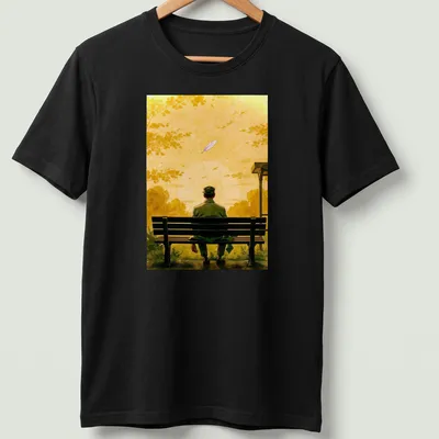 Illustration of a lonely man on a bench watching a sunset in yellow and green tones.