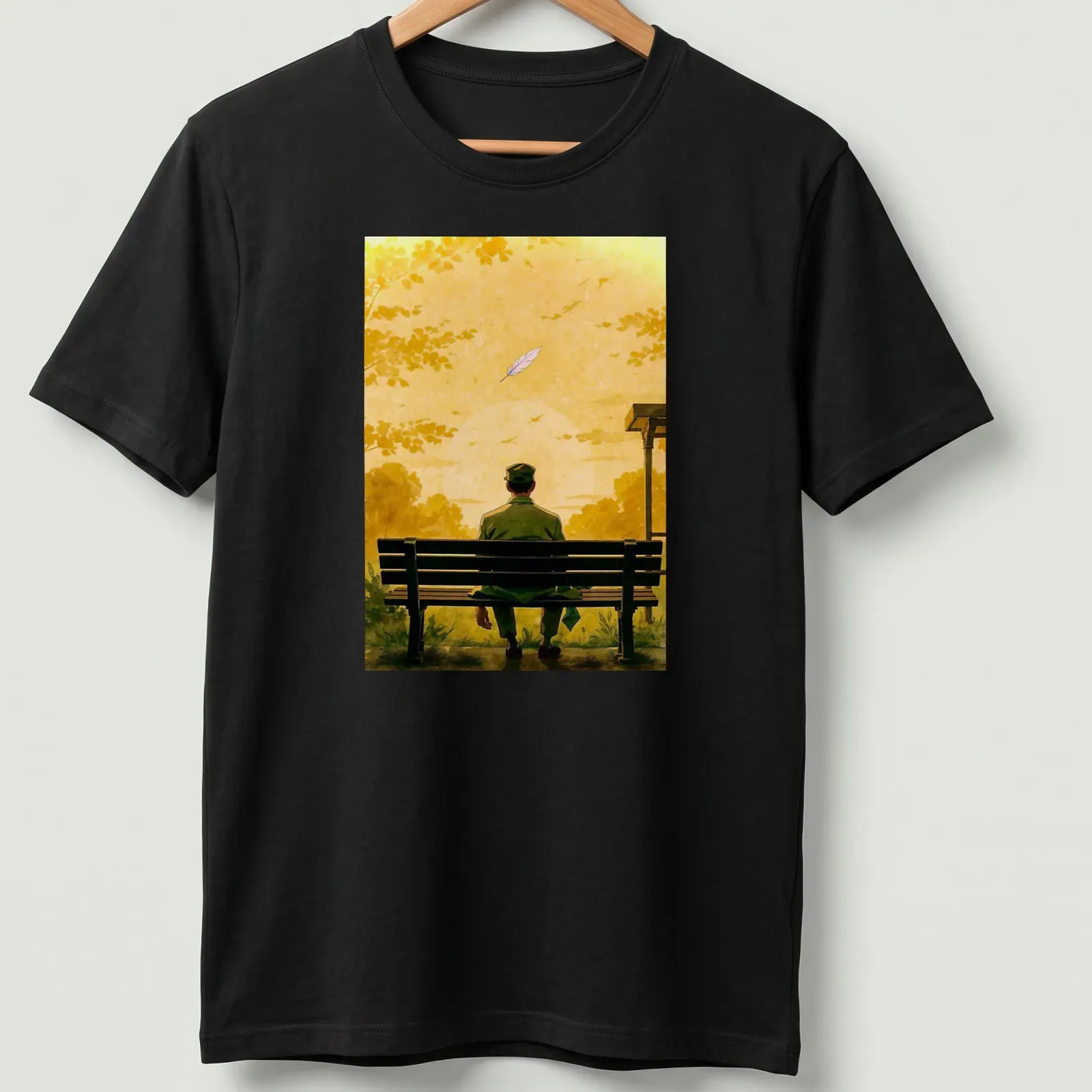 Illustration of a lonely man on a bench watching a sunset in yellow and green tones. — printed on a unisex t-shirt