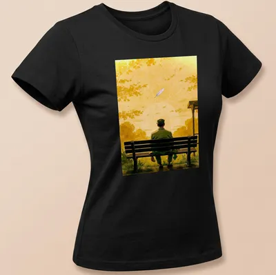 Illustration of a lonely man on a bench watching a sunset in yellow and green tones. — printed on a women's shirt