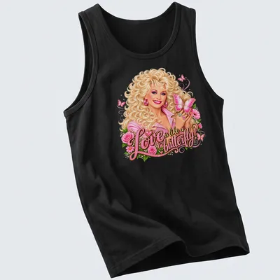 Colorful shirt featuring a woman with curly hair and a butterfly with the text about love. — printed on a tank top