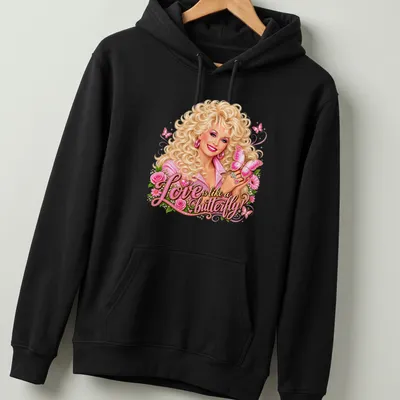Colorful shirt featuring a woman with curly hair and a butterfly with the text about love. — printed on a unisex hoodie