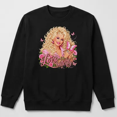 Colorful shirt featuring a woman with curly hair and a butterfly with the text about love. — printed on a unisex sweatshirt