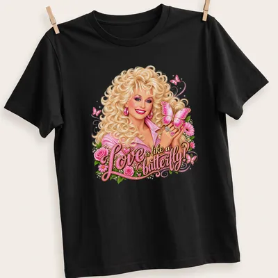 Colorful shirt featuring a woman with curly hair and a butterfly with the text about love. — printed on a unisex t-shirt