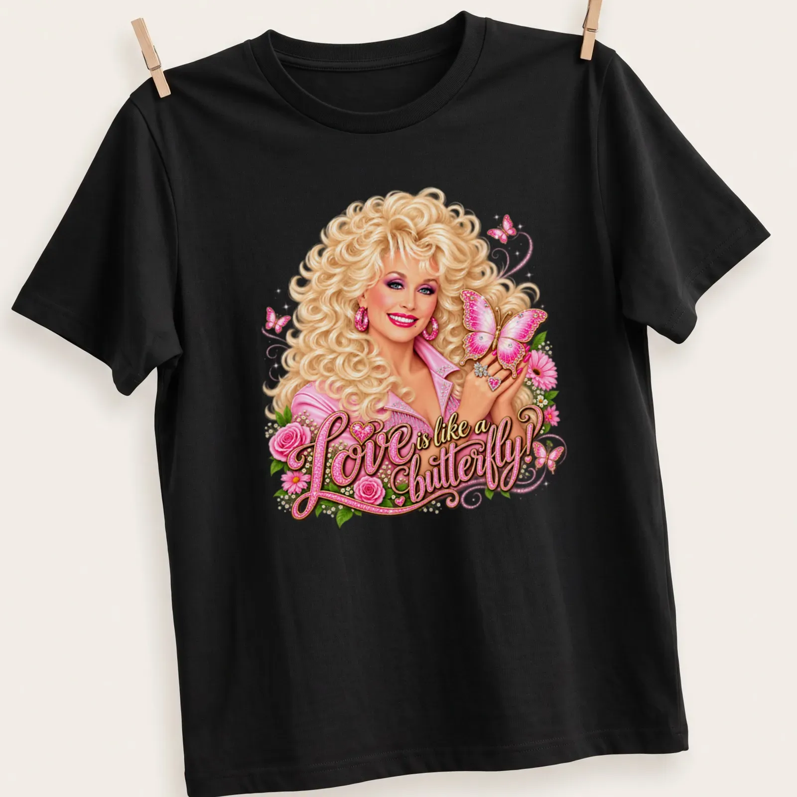 Colorful shirt featuring a woman with curly hair and a butterfly with the text about love. — printed on a unisex t-shirt