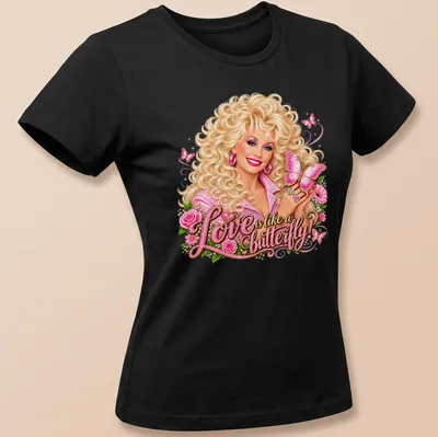 Colorful shirt featuring a woman with curly hair and a butterfly with the text about love. — printed on a women's shirt
