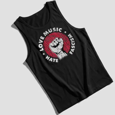 Bold graphic of a raised fist in red, black, and white against oppression. — printed on a tank top