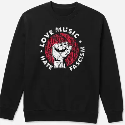 Bold graphic of a raised fist in red, black, and white against oppression. — printed on a unisex sweatshirt