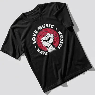 Bold graphic of a raised fist in red, black, and white against oppression.