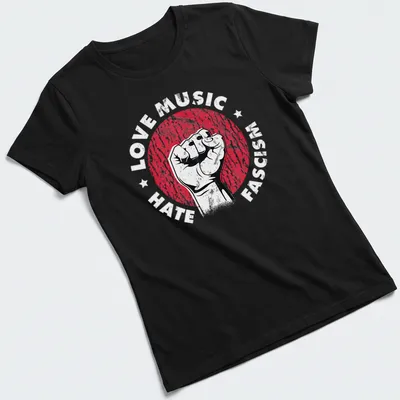 Bold graphic of a raised fist in red, black, and white against oppression. — printed on a women's shirt