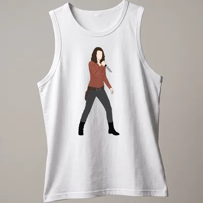 Illustration of Maggie from The Walking Dead holding a knife in muted colors — printed on a tank top