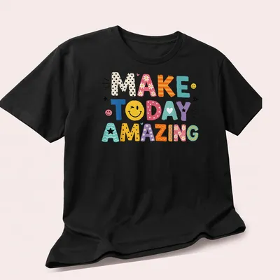 Colorful motivational text t-shirt featuring the phrase Make Today Amazing — printed on a unisex t-shirt (angled view)
