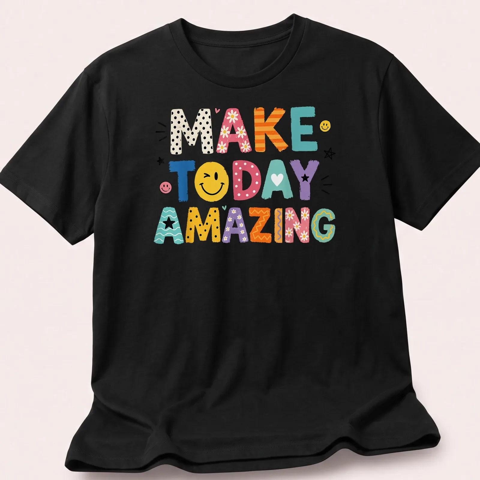 Colorful motivational text t-shirt featuring the phrase Make Today Amazing — printed on a unisex t-shirt