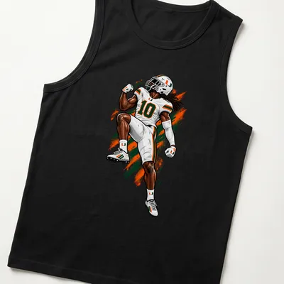 Dynamic illustration of football player Malachi Toney in Miami Hurricanes colors — printed on a tank top