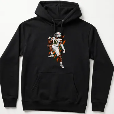Dynamic illustration of football player Malachi Toney in Miami Hurricanes colors — printed on a unisex hoodie