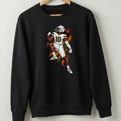 Dynamic illustration of football player Malachi Toney in Miami Hurricanes colors — printed on a unisex sweatshirt