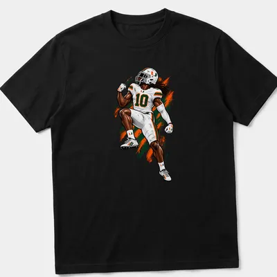 Dynamic illustration of football player Malachi Toney in Miami Hurricanes colors — printed on a unisex t-shirt