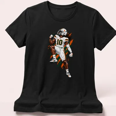 Dynamic illustration of football player Malachi Toney in Miami Hurricanes colors — printed on a women's shirt