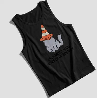 Cartoon cat with traffic cone hat and humorous text about society's norms — printed on a tank top