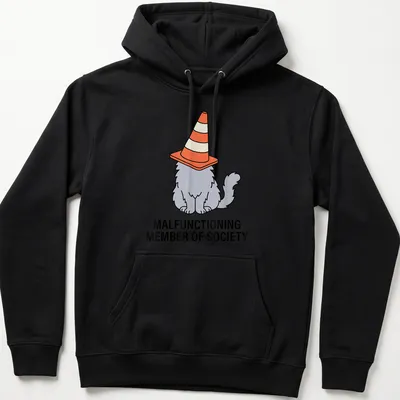 Cartoon cat with traffic cone hat and humorous text about society's norms — printed on a unisex hoodie