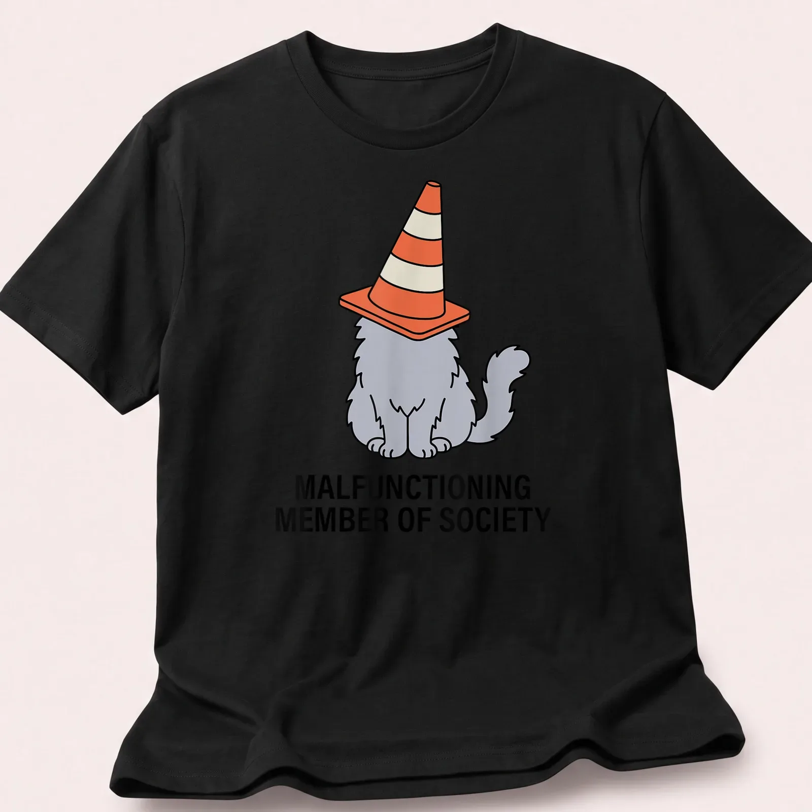 Cartoon cat with traffic cone hat and humorous text about society's norms — printed on a unisex t-shirt