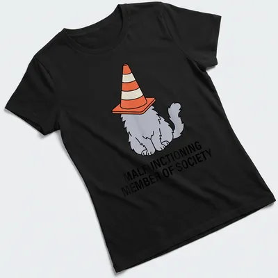 Cartoon cat with traffic cone hat and humorous text about society's norms — printed on a women's shirt