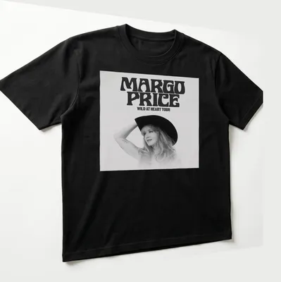 Bold typography of Margo Price Wild At Heart Tour T-shirt in black and white — printed on a unisex t-shirt (angled view)