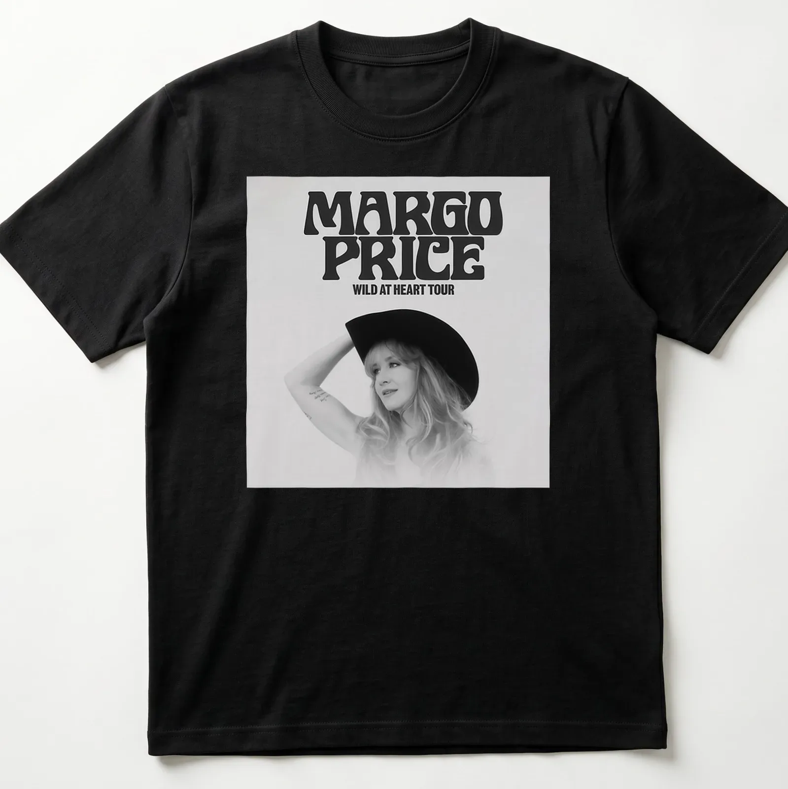 Bold typography of Margo Price Wild At Heart Tour T-shirt in black and white — printed on a unisex t-shirt