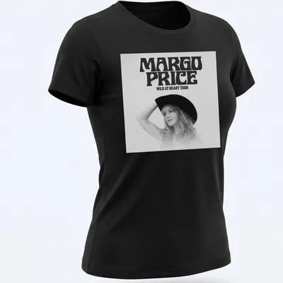Bold typography of Margo Price Wild At Heart Tour T-shirt in black and white — printed on a women's shirt