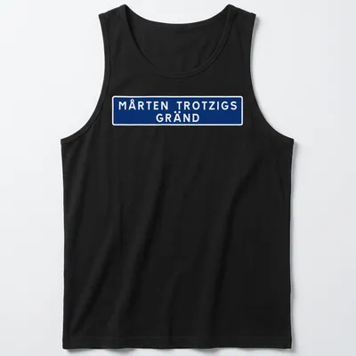 Bold street sign design reading Mårten Trozigs Gränd in blue and white — printed on a tank top