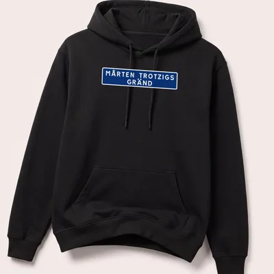 Bold street sign design reading Mårten Trozigs Gränd in blue and white — printed on a unisex hoodie
