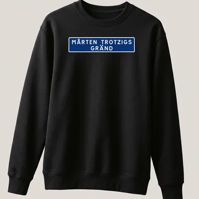 Bold street sign design reading Mårten Trozigs Gränd in blue and white — printed on a unisex sweatshirt