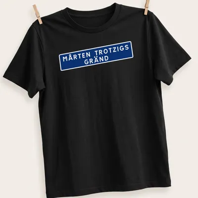 Bold street sign design reading Mårten Trozigs Gränd in blue and white