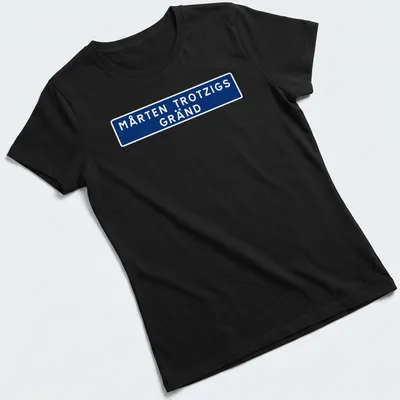 Bold street sign design reading Mårten Trozigs Gränd in blue and white — printed on a women's shirt