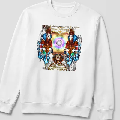 Psychedelic bear artwork with Mastodon Crack The Skye text on a concert — printed on a unisex sweatshirt