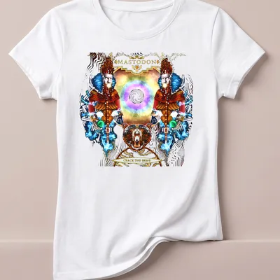 Psychedelic bear artwork with Mastodon Crack The Skye text on a concert — printed on a women's shirt