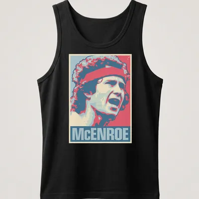 Vintage pop art portrait of John McEnroe in red, blue, cream, and pink — printed on a tank top