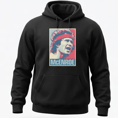 Vintage pop art portrait of John McEnroe in red, blue, cream, and pink — printed on a unisex hoodie