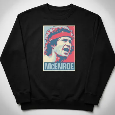 Vintage pop art portrait of John McEnroe in red, blue, cream, and pink — printed on a unisex sweatshirt